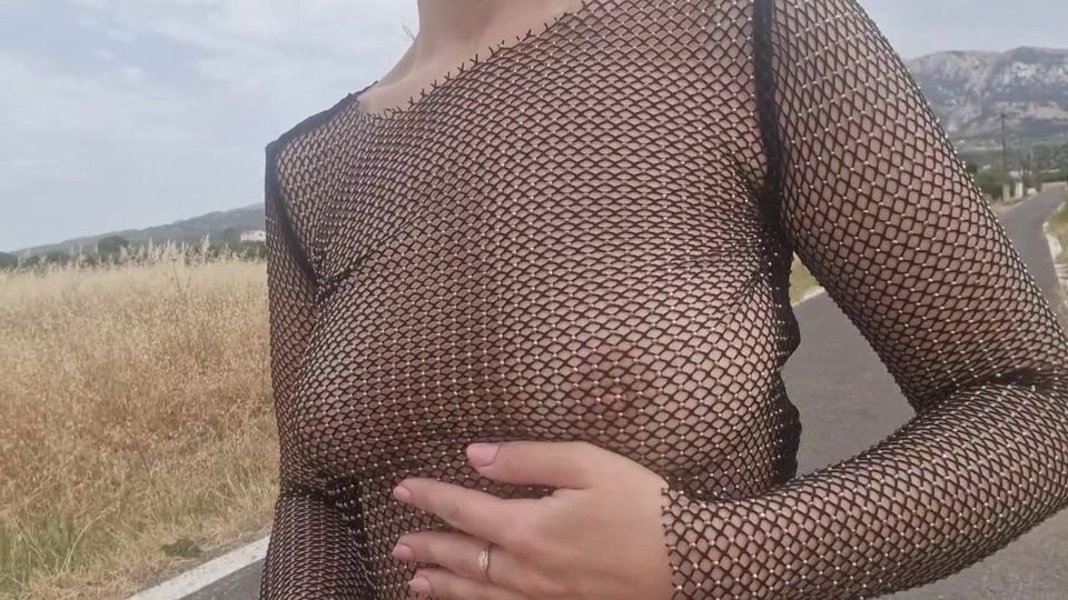 see-through blouse flashing tits in public