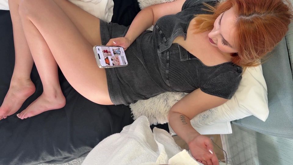 Authentic red head loves to give oily handjobs and stroke cock with giving balls massage by teasingin see through panties