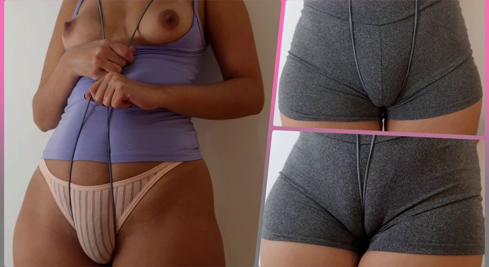 Big pussy girl playing with her package wearing panties and shorts