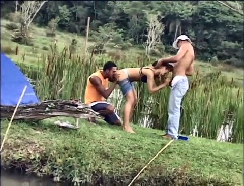 Two muscular studs fuck horny exotic blond's ass & amp pussy on grass