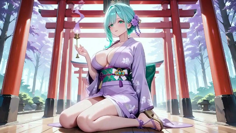 Green-haired Kimono Girl's Private Morning! Purple Yukata Slightly Damp, Kneeling on the Bed in a Japanese Room