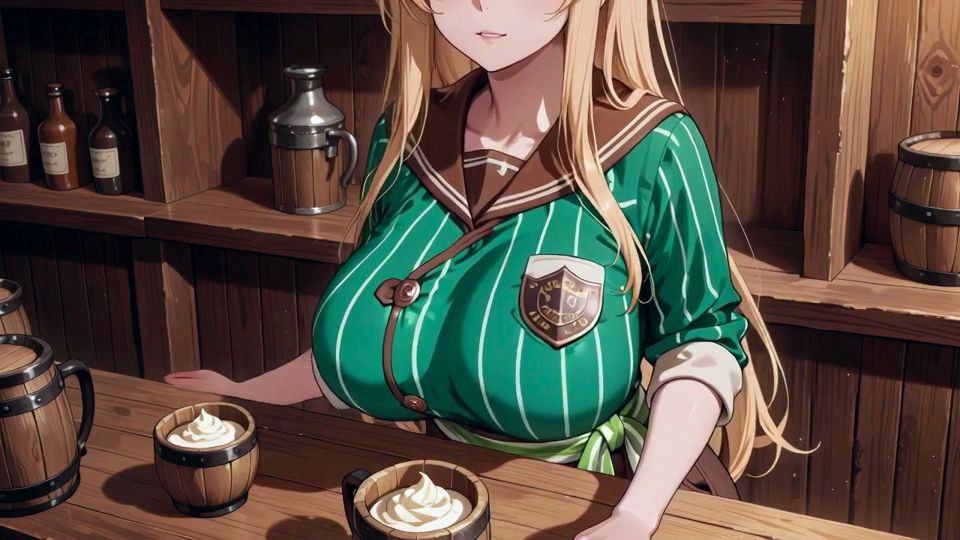 She sips beer while fixing her apron, revealing creamy cleavage.
