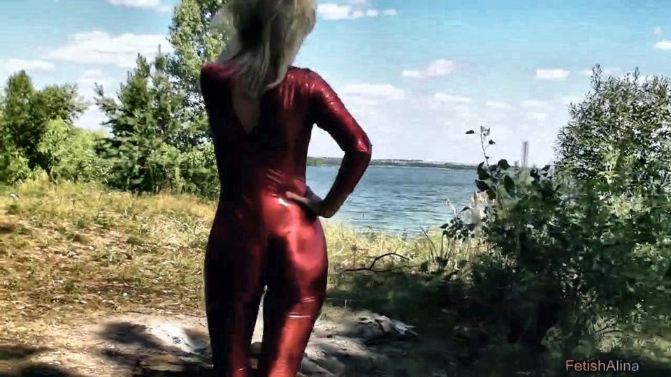 Outdoors in Spandex Catsuit