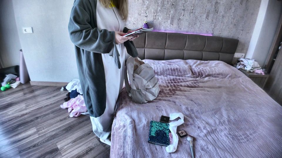 Blonde Stepsister in Kigurumi Onesie Caught Sneaking Out - She Reveals Sexy Lingerie and Seduced Stepbro POV