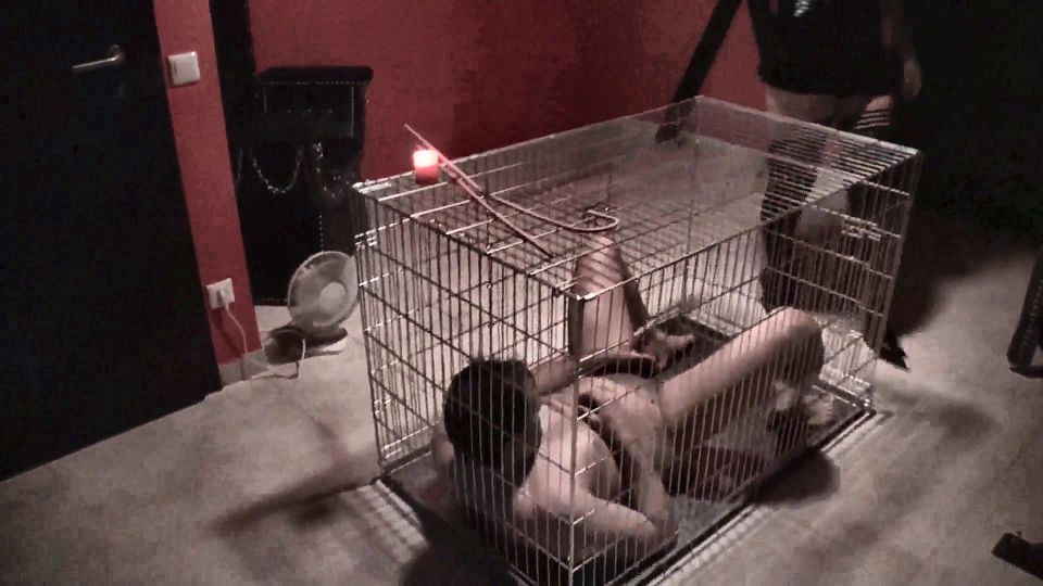 Whipping cage, wax play with scary slave