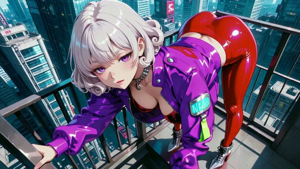 Teasing in a purple bodysuit on the skyscraper balcony, pulling down her collar to reveal inner layers.