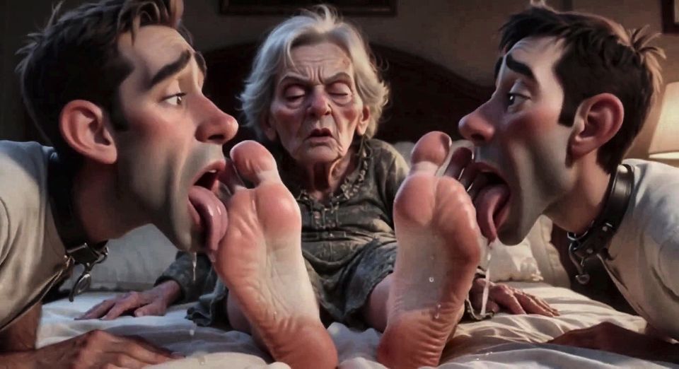 Submissive Mans Serving Old Granny's Ugly Feet - Humiliation