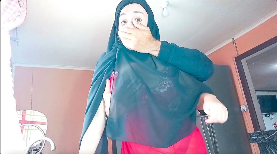 Muslim stepmother in a hijab fucking in the kitchen