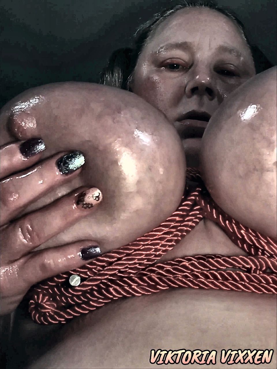 BBW BDSM Rope Tied Oily Boobs and Nipples Solo Play