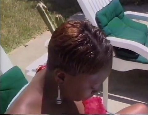 Curvy black slut gets her huge tits creamed after fuck by the pool
