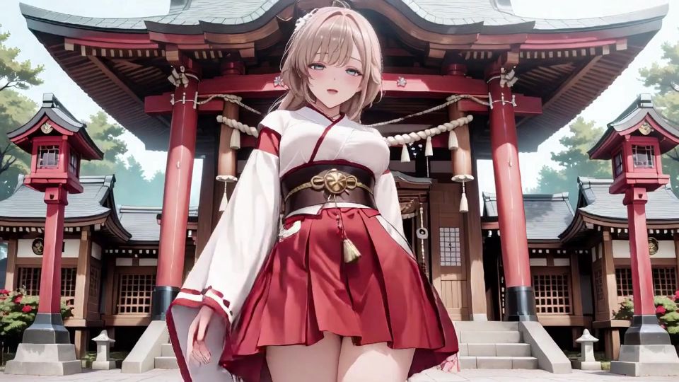 Red & White Miko! Forbidden Encounter at the Shrine, Golden Hair Trembling Under Sacred Robes, From Solemn Kneel to Blurry Gaze