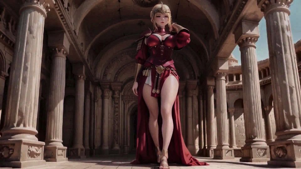Red Armor Queen! Gaze in the Roman Corridor, Skirt Lift Reveal, Hand on Lips Teasing You...