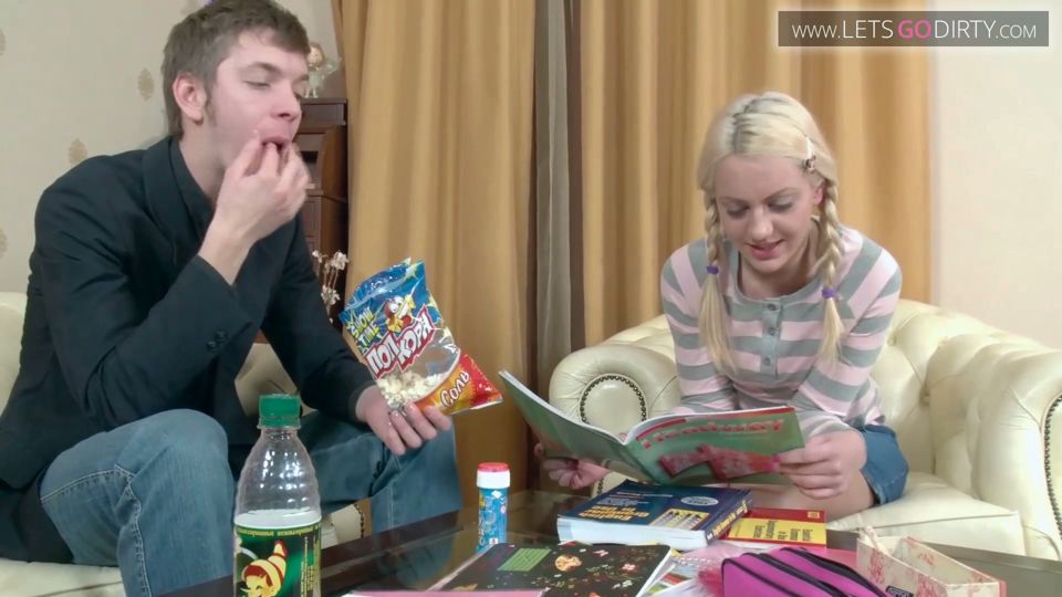 Blonde teen sucks a chunky cock, gets fucked on both holes to a cumshot