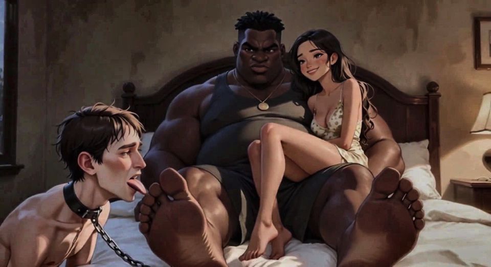 Foot Slave Husband Cleans Wife's Feet with His Tongue - Femdom