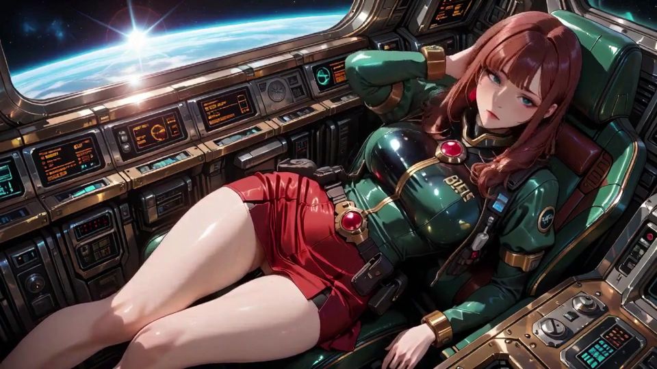 Inside the Sci-fi Train, She Wears a Tight Green Armor, Touching Her Red Lips While Gazing at the Galaxy Through the Porthole.