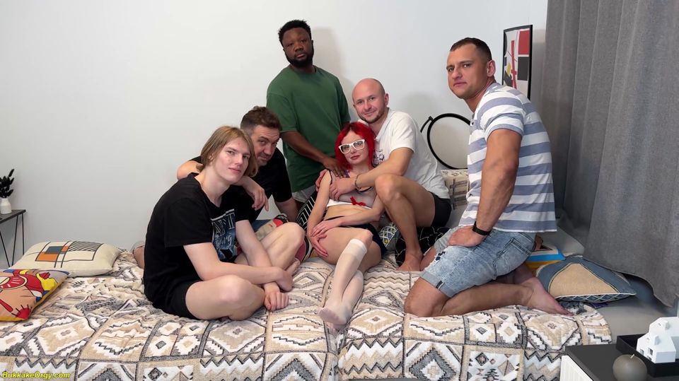 Skinny MILF Rough Bukkake Group Fucked in Standing DP