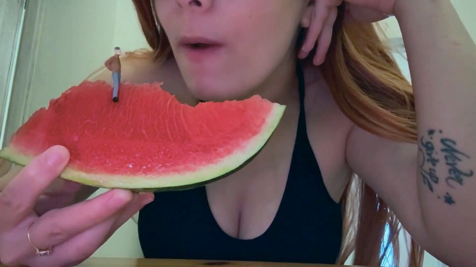 Giantess Stepsister Eats Watermelon and Tiny Stepbrother Watches Her Eat Watermelon Deliciously Then Giantess Stepsister