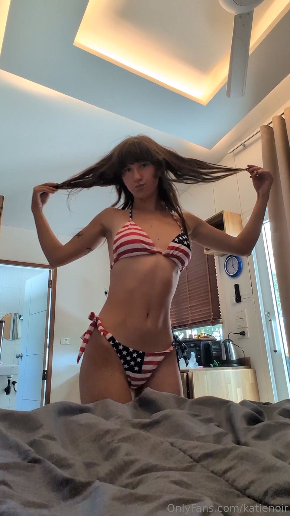 Solo Hot Girl Masturbation in USA flag bikini, teasing and horny moaning