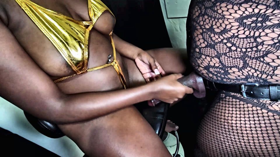 Lesbian Strapon Backshot on stool