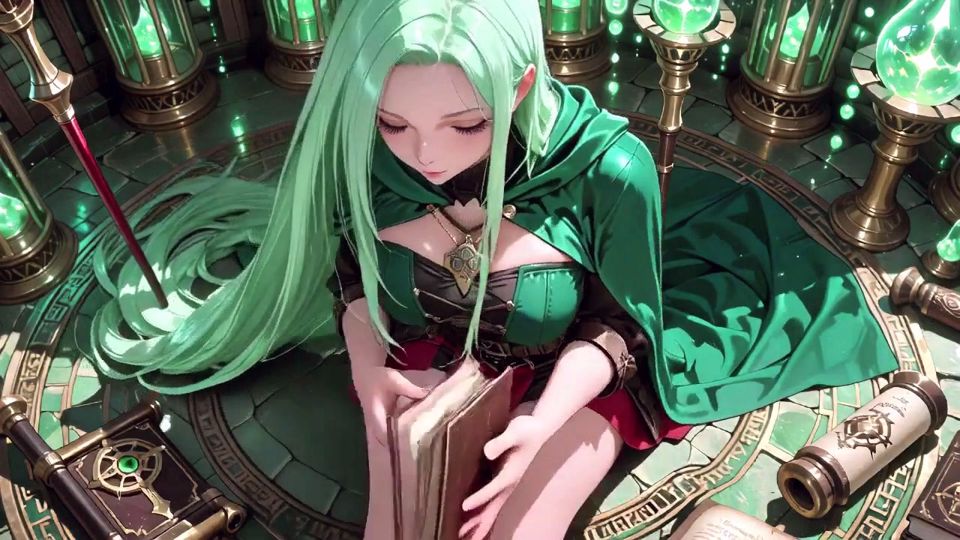 Under the Ethereal Blue Glow of a Gothic Cathedral, She Kneels with Her Staff, Eyes Locked on You.
