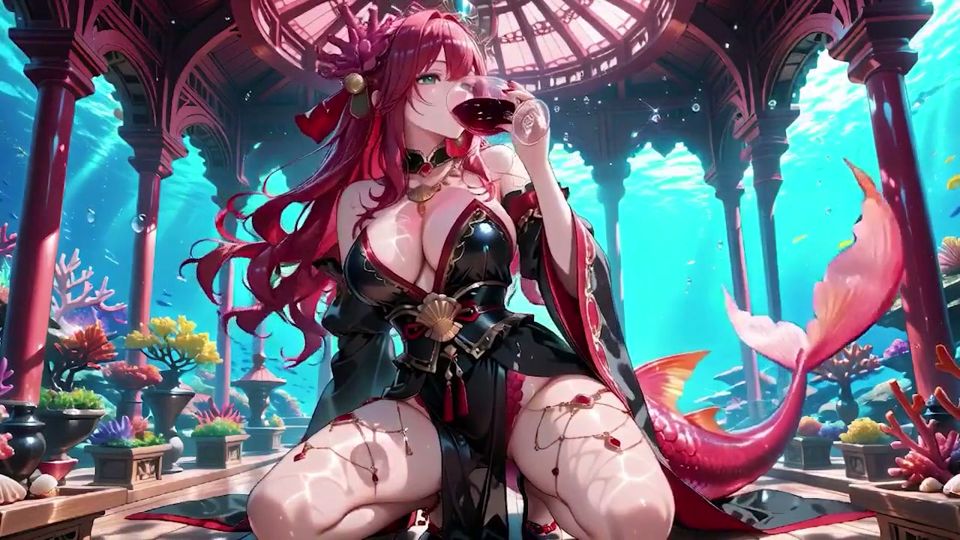 Red-haired Mermaid in Black Gown! Kneeling by the Pool, Lips & Mesmerizing Eyes.