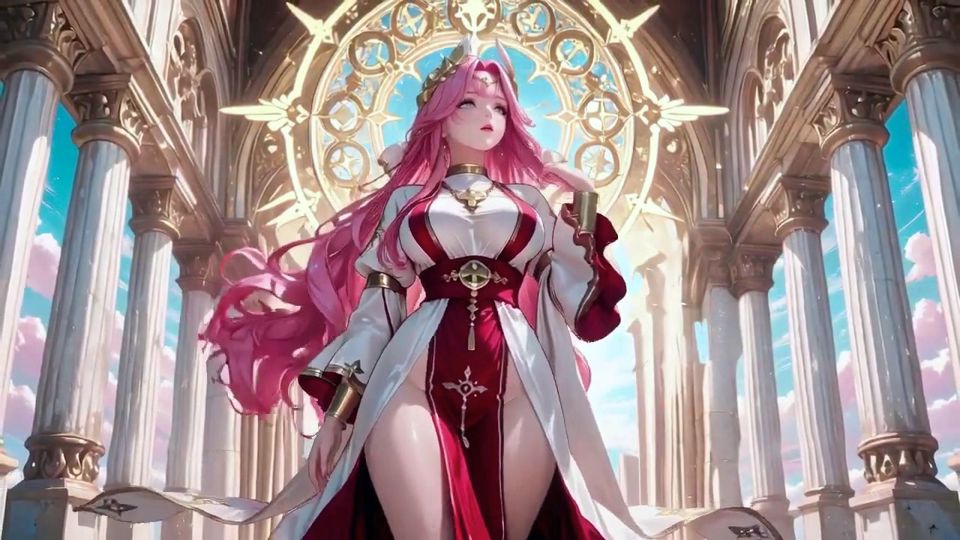 Sacred Red Robes Reveal a Private Bedroom Where She Kneels by the Bed, Eyes Hazy and Lips Parted