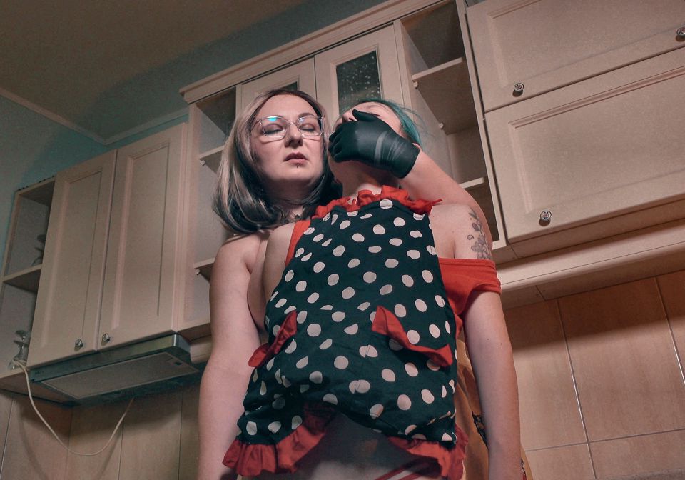 Gloved Hand Over Mouth - Big Stepmom Inspects & Humiliates Skinny Stepdaughter