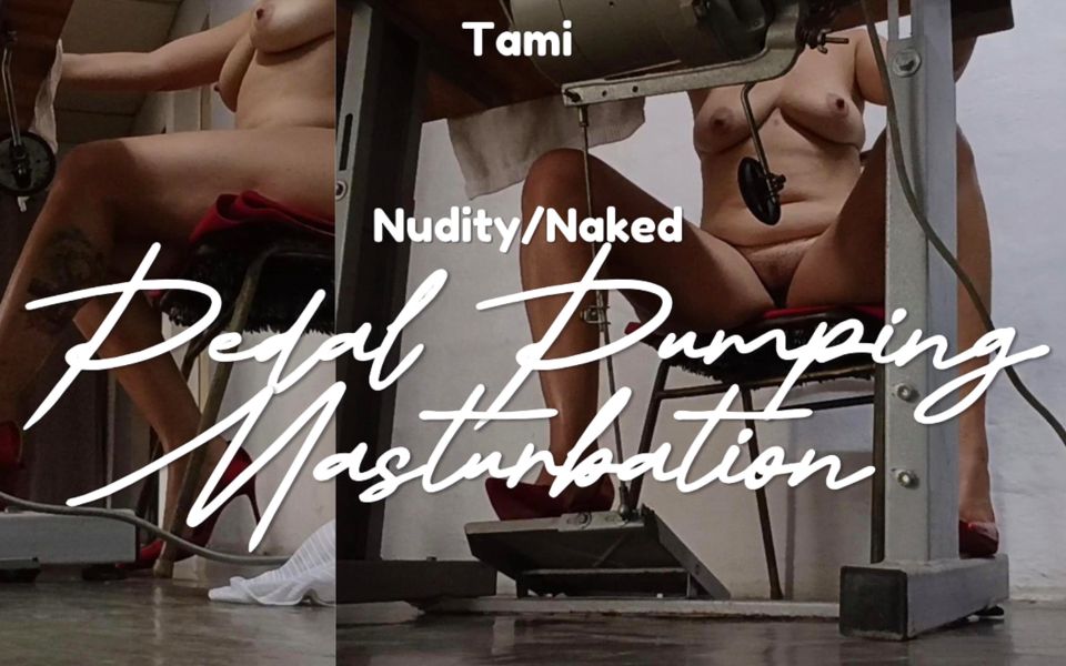 Completely Naked, Wearing Only Stiletto Heels, Pumping the Pedal of a Sewing Machine