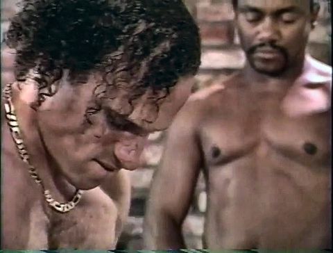 Black girl rides one cock and jerks off two more.