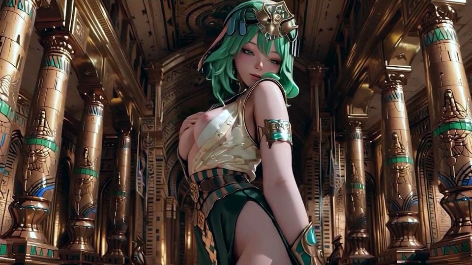 Green-Haired Egyptian Queen! Kneeling in the Golden Hall, guarded by Sphinxes.