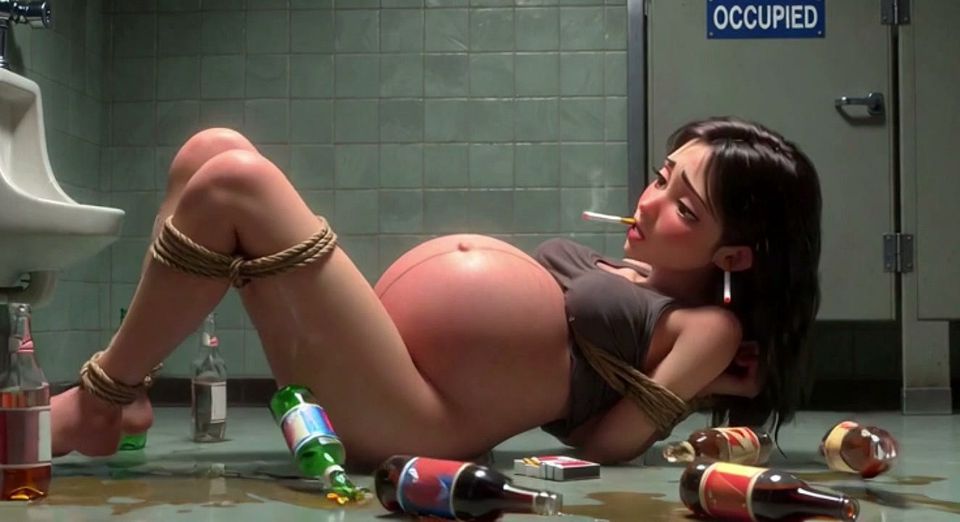 Broken Pregnant Slut Tied in Public Restroom - Smoking & Begging to Be Fucked