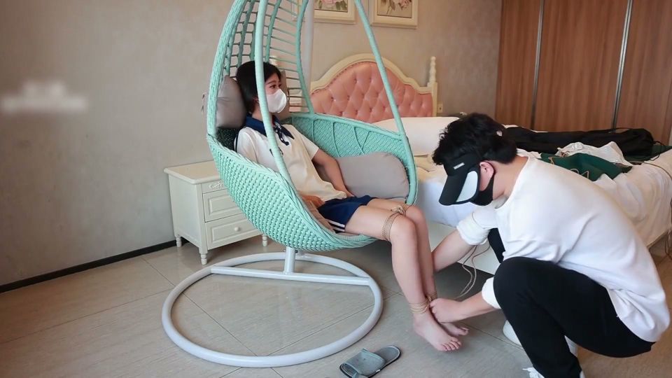 Barefoot College Student Girlfriend, Feet Suspended with Ropes, Hands Handcuffed