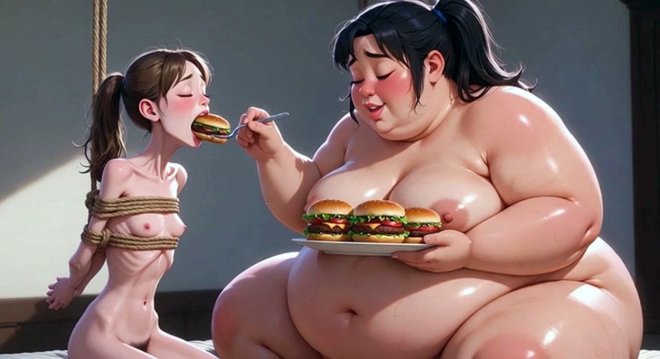 Weight Gain Humiliation - Fat Woman Stuffing Skinny Feedee