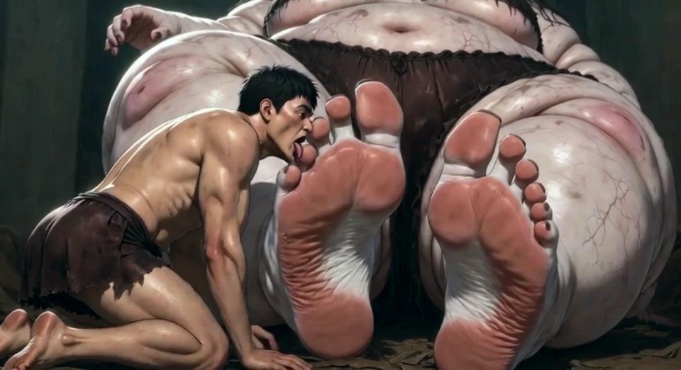 Huge Obese Giantess BBW - Slave Licking Her Giant Feet in Worship