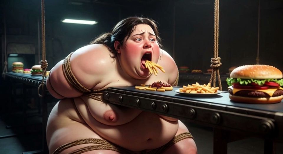 Tied up SSBBW Eats Massive Meal While Kneeling - Belly Stuffing