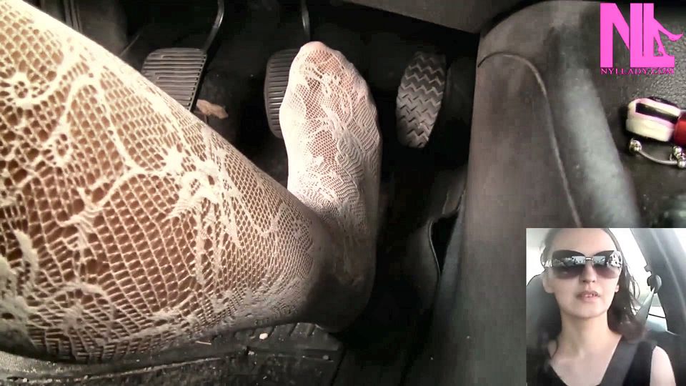 Driving and Pedal Pumping in White Embroidered Stockings