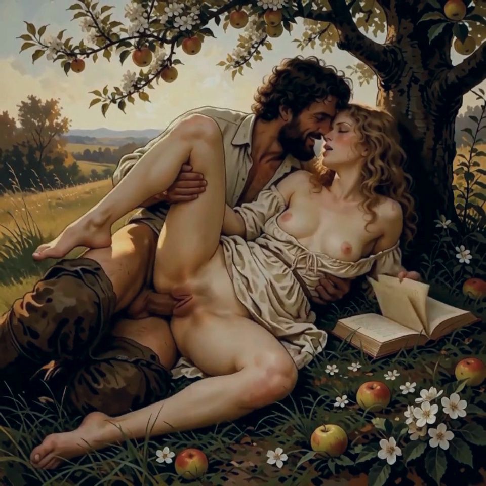 She Kept Reading Under the Apple Tree While He Finished What the Book Started (ai Generated).