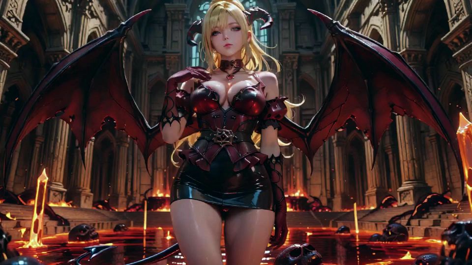 Lava Throne! Blonde Demon Queen Kneels & Spreads Her Wings, Lazy Tease with a Glass.