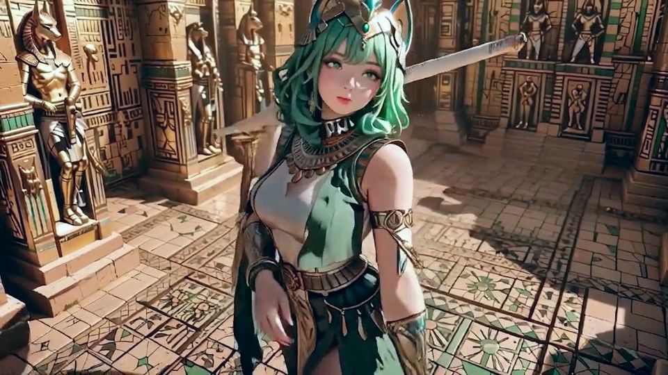 Green-haired Egyptian Queen! Kneeling in the Golden Hall, Guarded by Sphinxes.