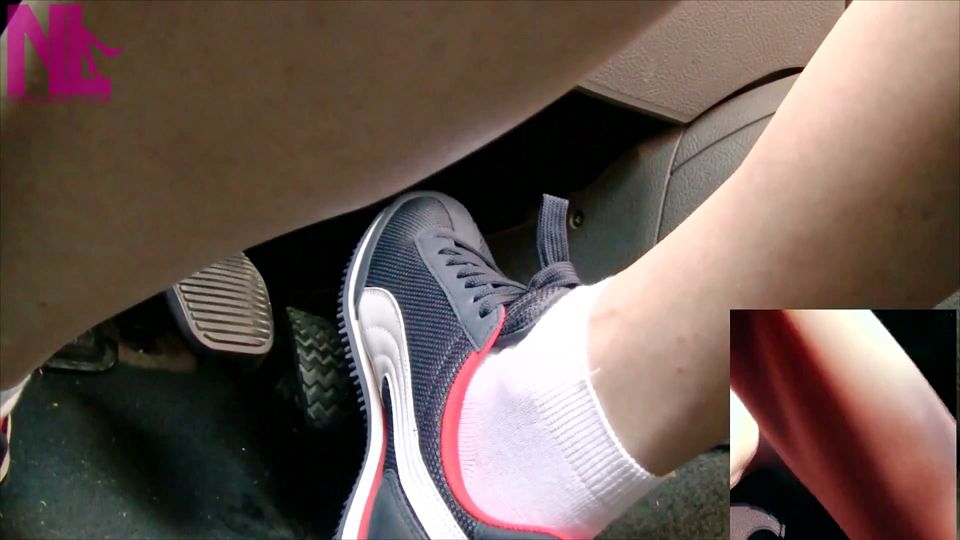 Driving and Pedal Pumping in Blue Nike Sneakers and White Socks