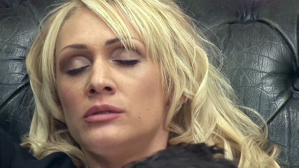Blonde Secretary in White Lace Stockings Fucks Her Boss on the Leather Sofa